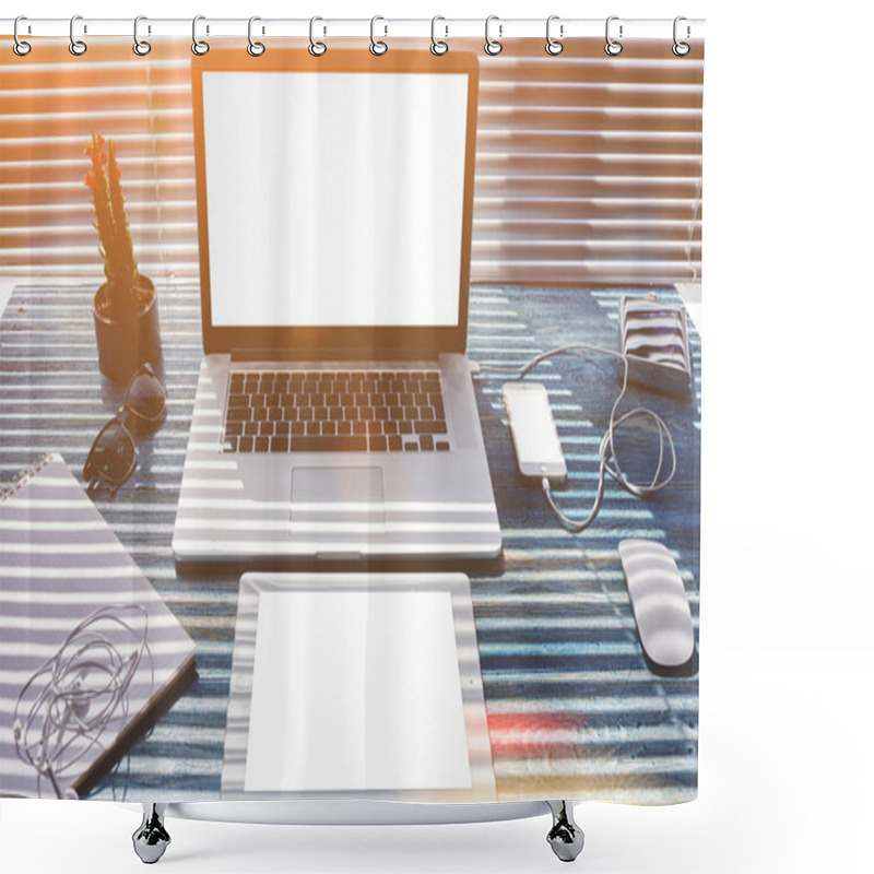 Personality  Mock Up Of Home Desktop With Laptop Computer Shower Curtains