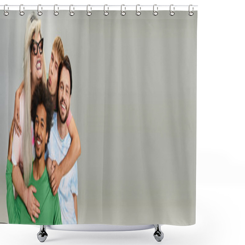 Personality  Four Friends Smile Brightly, Showcasing Their Vibrant Personalities And LGBTQ Pride Together. Shower Curtains