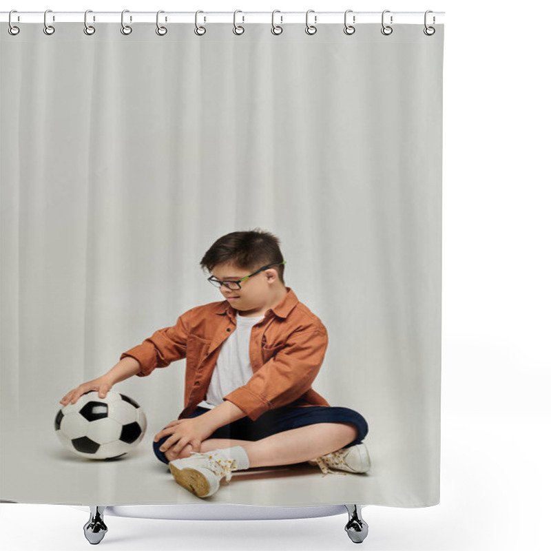 Personality  Little Boy With Down Syndrome Sitting On The Floor With A Soccer Ball. Shower Curtains