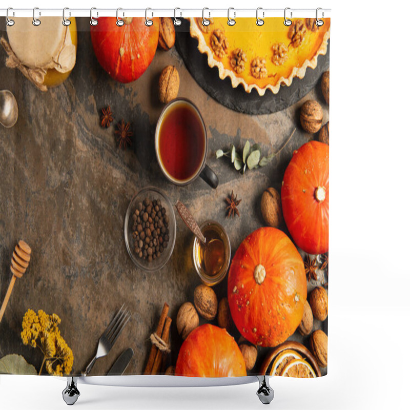 Personality  Colorful Thanksgiving Setting With Ripe Gourds And Pumpkin Pie Near Tea, Honey And Seasonal Objects Shower Curtains