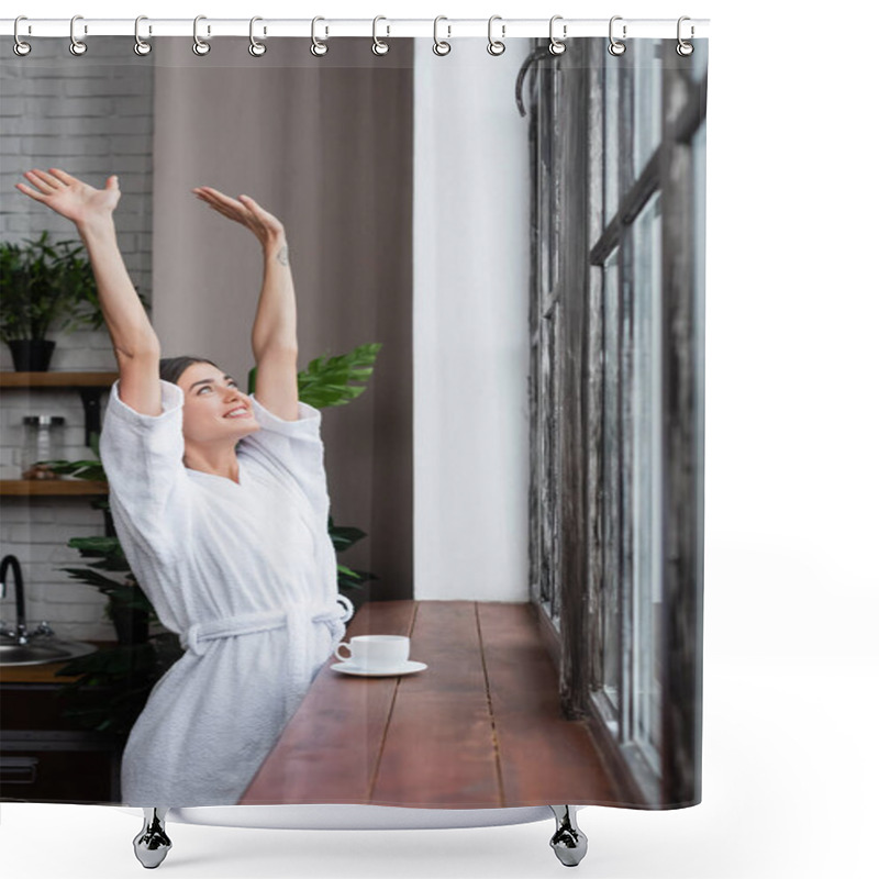 Personality  Happy Young Adult Woman In Bathrobe Standing Near Window With Hands In Air In Modern Living Room Shower Curtains