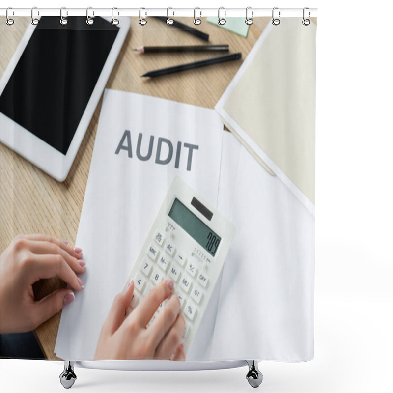 Personality  Cropped View Of Tax Inspector Using Calculator Near Audit Document And Digital Tablet With Blank Screen Shower Curtains