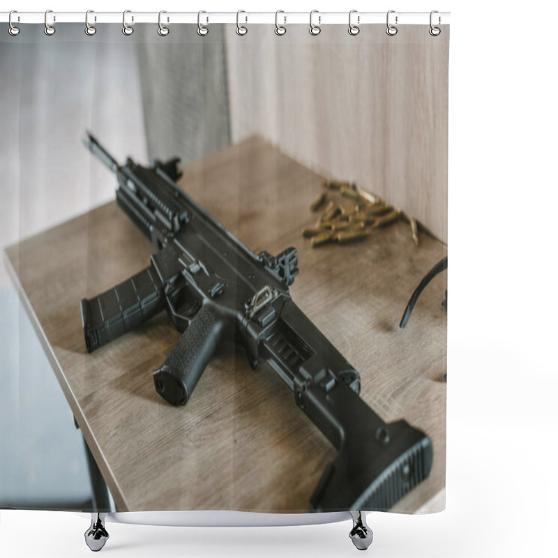 Personality  Black Rifle With Bullets On Wooden Table In Shooting Range Shower Curtains