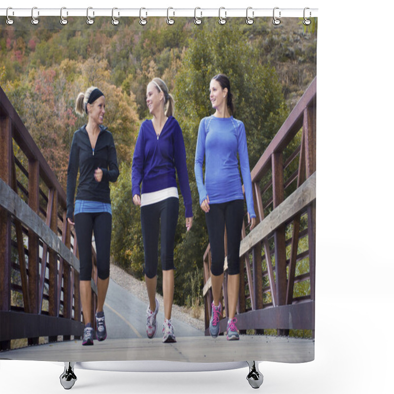 Personality  Three Attractive Young Women Talking A Walking Together Shower Curtains