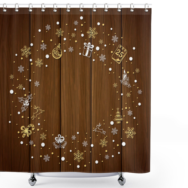 Personality  Christmas Decorations With Snowflakes On Brown Wooden Background Shower Curtains