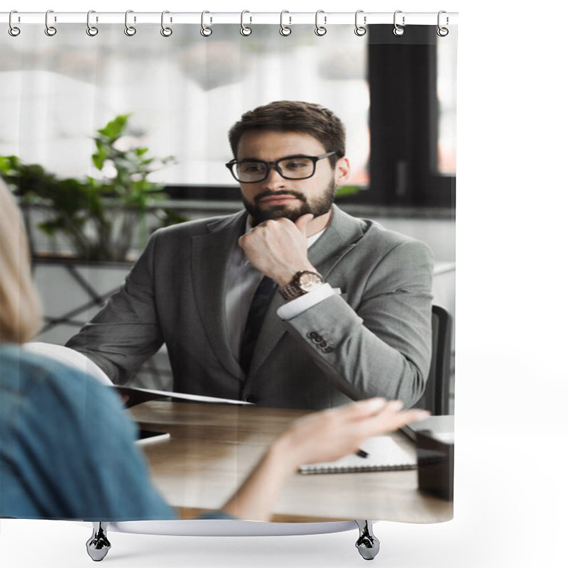 Personality  Businessman In Eyeglasses Holding Resume And Looking At Blurred Woman In Office  Shower Curtains