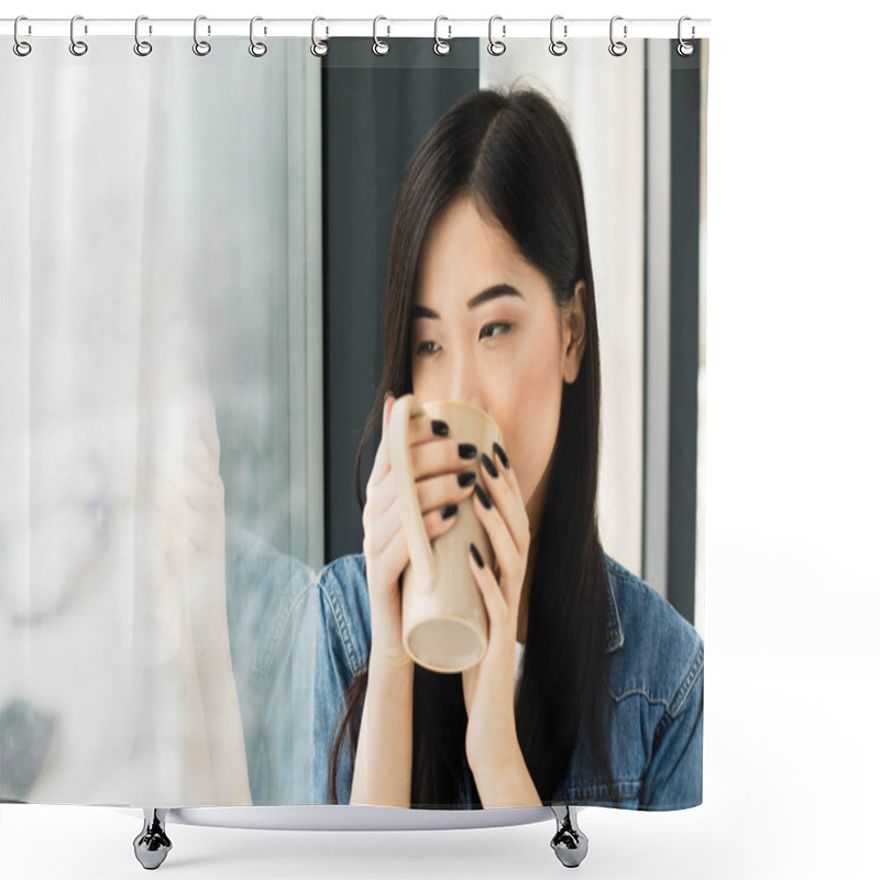 Personality  Asian Woman Drinking Coffee Shower Curtains