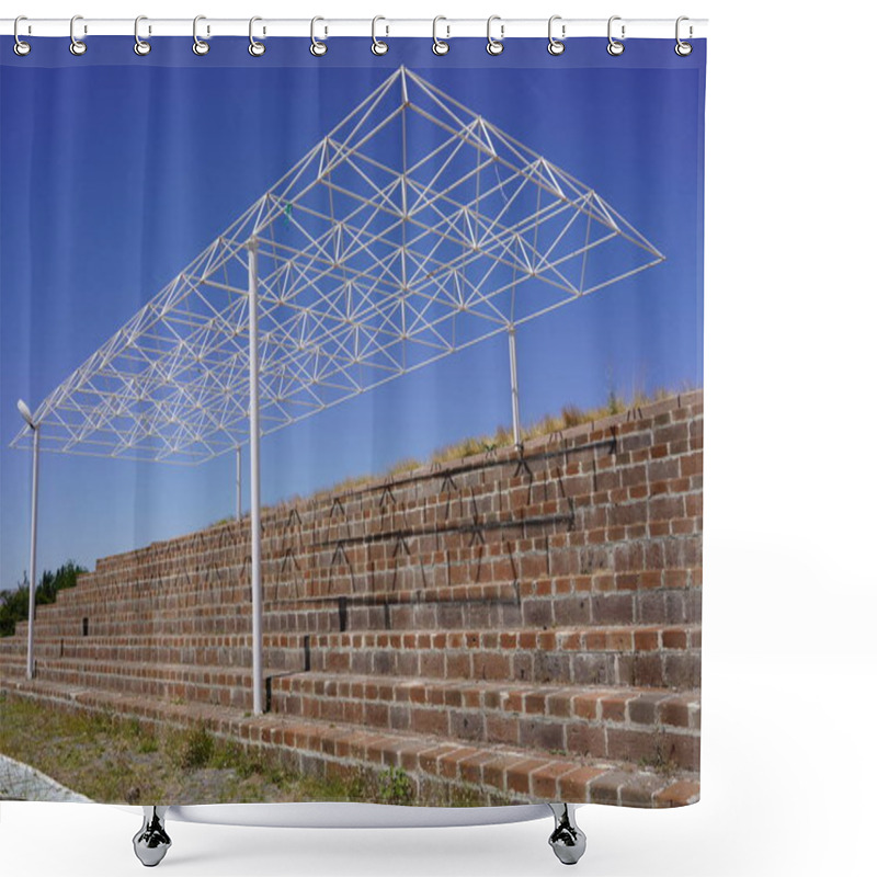 Personality  Modern Minimalism: A Steel Canopy Over Brick Stairs, Symbolizing Support And Progress Under An Open Sky Shower Curtains