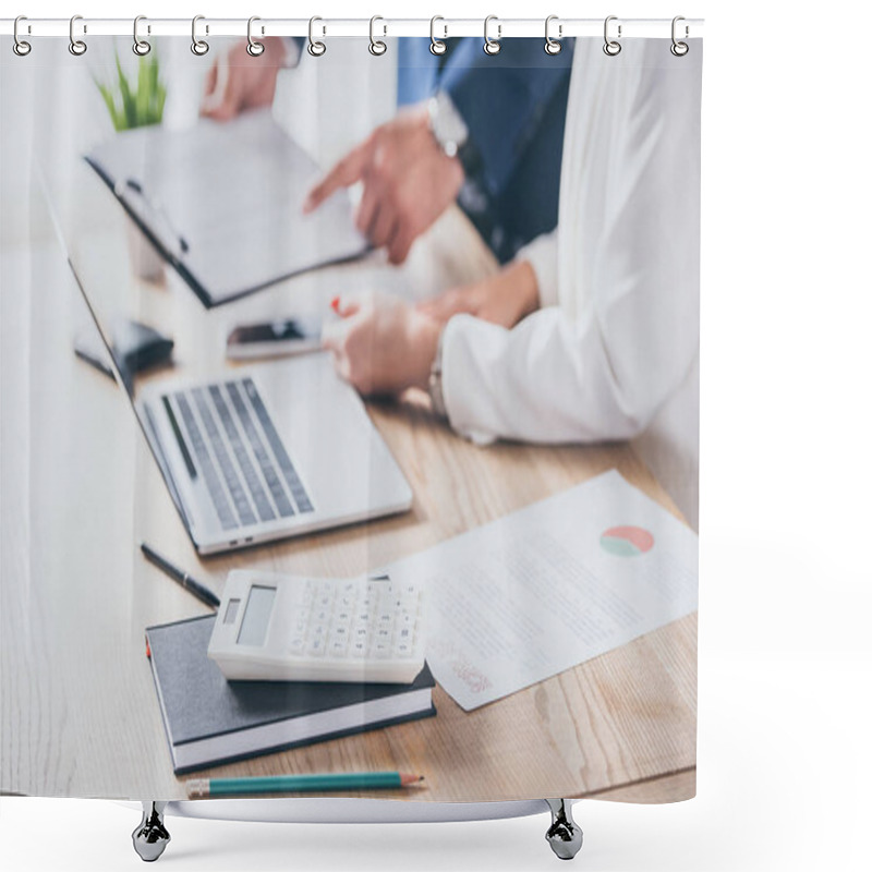 Personality  Cropped View Of Businessman Pointing With Finger At Clipboard Near Colleague Sitting At Workplace Shower Curtains