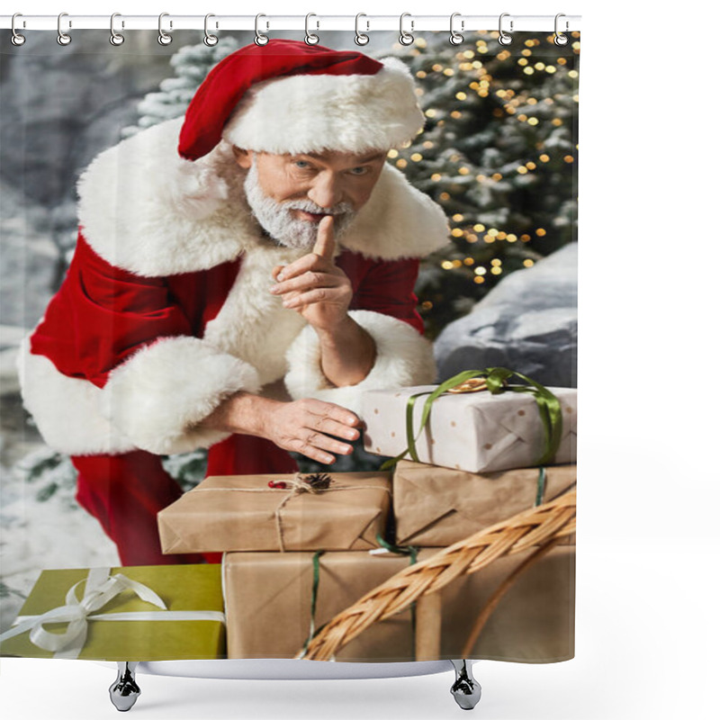 Personality  A Jolly Figure Dressed As Santa Carefully Arranges Beautifully Wrapped Gifts In A Snowy Landscape. Shower Curtains