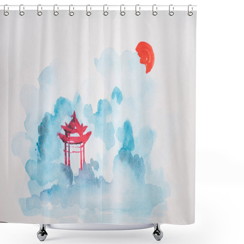 Personality  Japanese Painting With Temple On White Background Shower Curtains