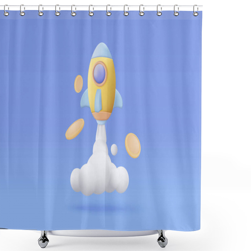 Personality  3d Flying Space Rocket With Money Coin. Spaceship Launch On Blue Background. Space For Business Startup Concept. Realistic Creative Cartoon Minimal Style. 3d Rocket Icon Vector Illustration Shower Curtains