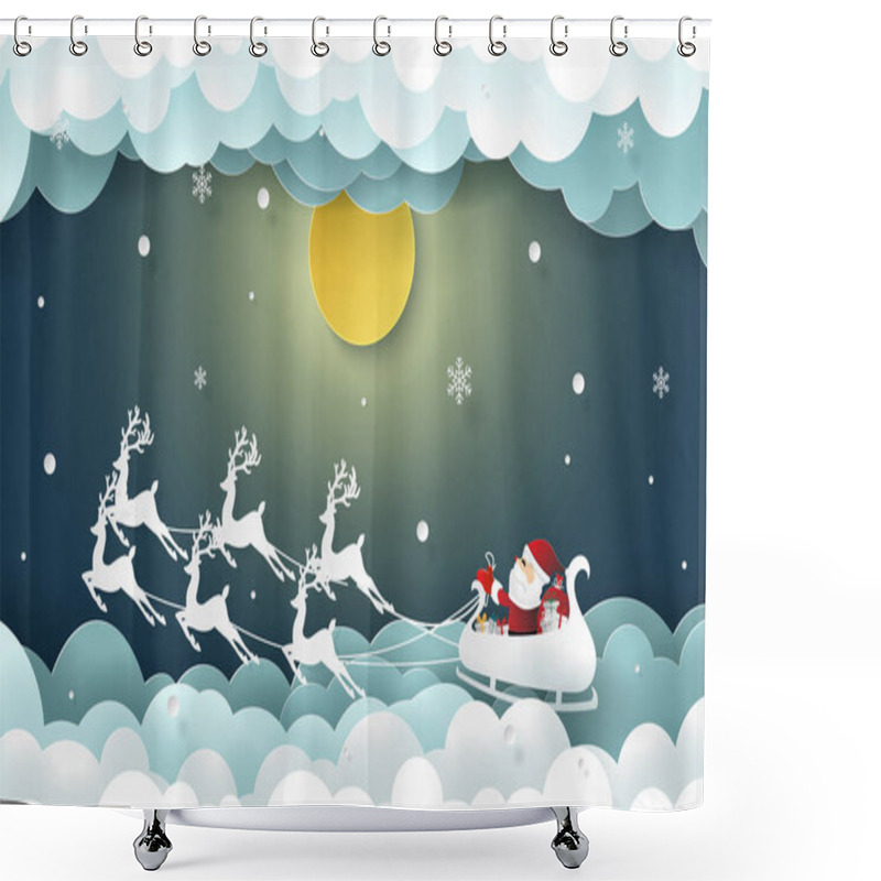 Personality  Paper Art, Craft Style Of Santa Claus On Chimney With Full Moon And Snowing, Going To The Village To Give Children A Gift, Merry Christmas And Happy New Year Shower Curtains