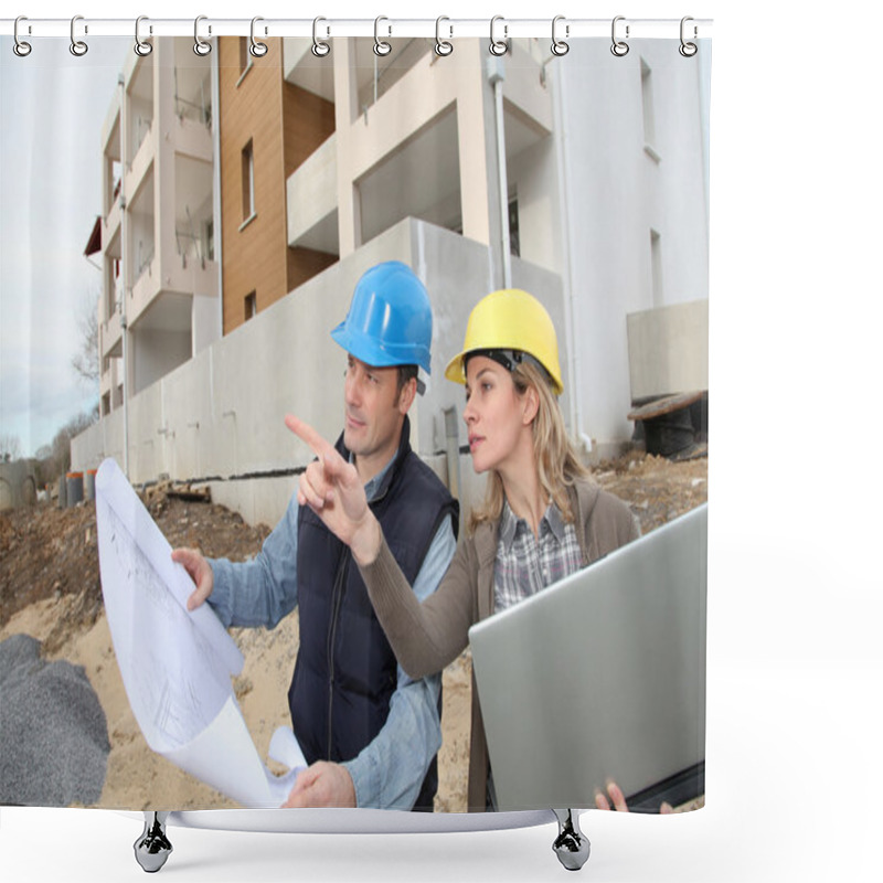 Personality  Architect And Engineer Looking At Plan On Construction Site Shower Curtains