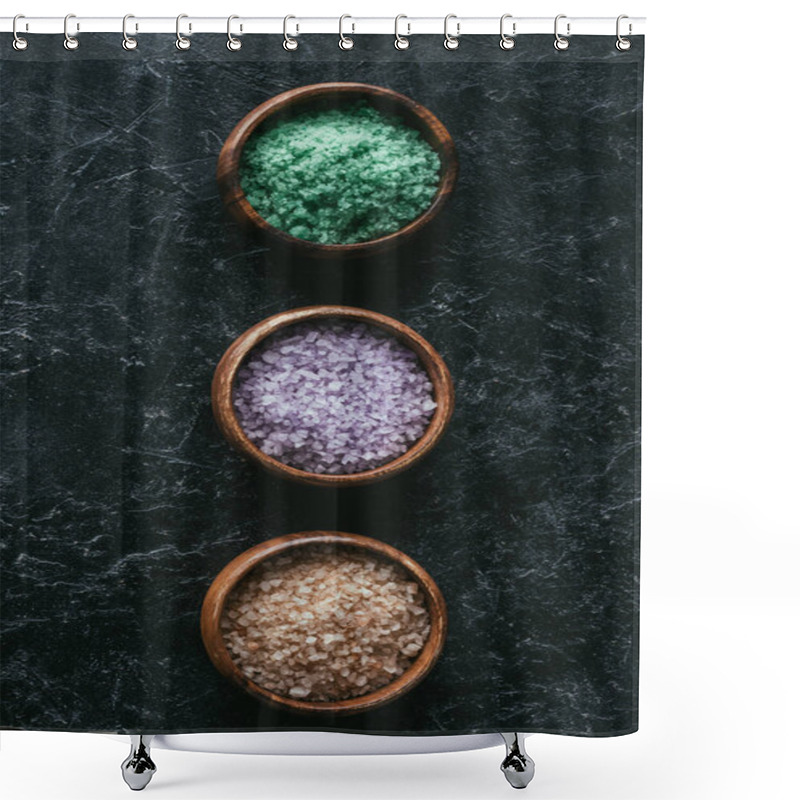 Personality  Top View Of Different Sea Salt In Wooden Bowls On Black Marble Surface Shower Curtains