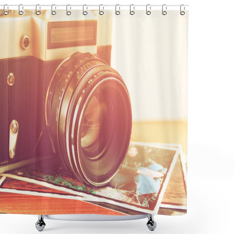 Personality  Close Up Photo Of Old Camera Lens Over Wooden Table. Image Is Retro Filtered. Selective Focus Shower Curtains