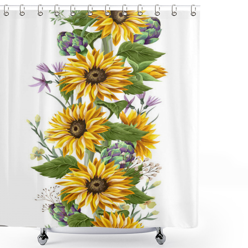 Personality  Border With Sunflowers Bouquet,.artichoke And Wild Flower. Vector Illustration. Shower Curtains