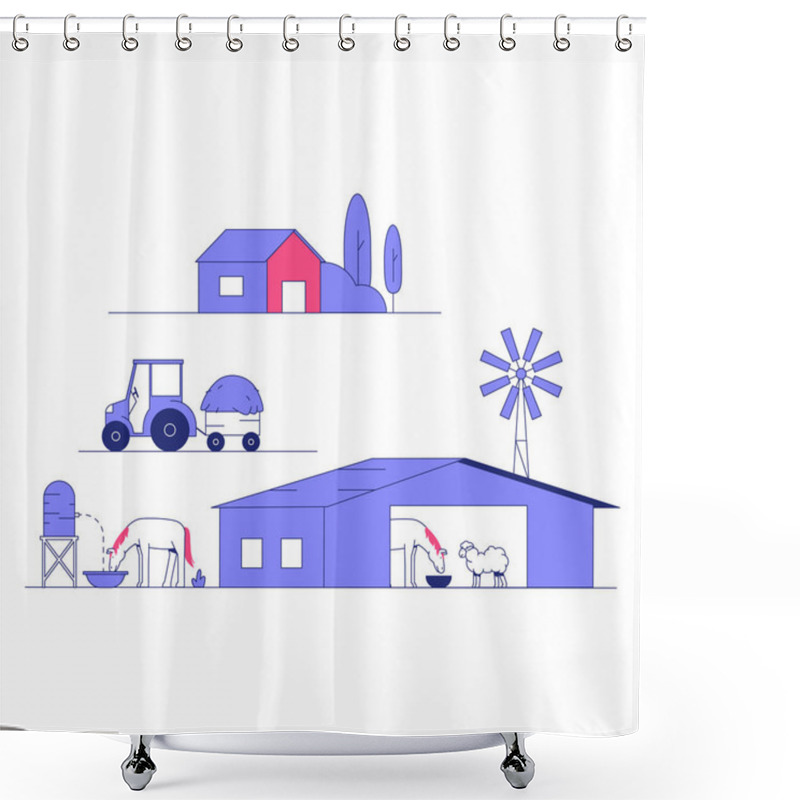 Personality  Farming Scene With A Tractor, Windmill, Barn, Animals, And Water Tank, Symbolizing Traditional Agriculture, Rural Life, And Food Production. Shower Curtains