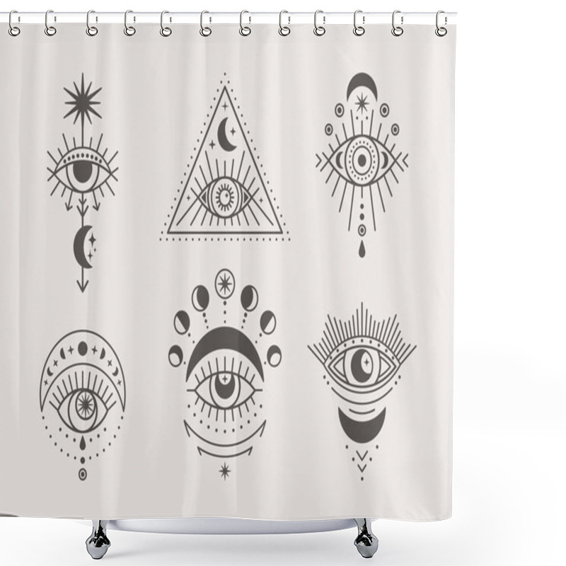 Personality  Set Of Mystical Eyes, Sun And Moon Icons In A Trending Minimal Linear Style. Vector Isoteric Illustration For T-shirt Prints, Boho Posters, Cards, Covers, Logo Designs And Tattoos. Shower Curtains