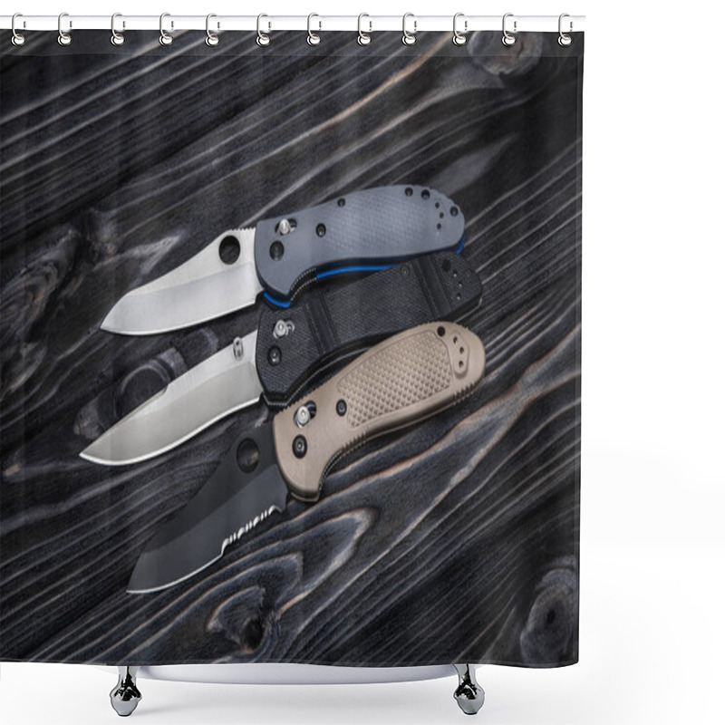 Personality  Folding Knives On A Black Wooden Background Shower Curtains