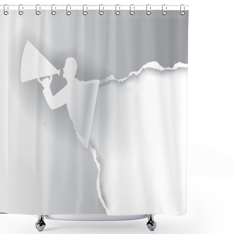 Personality  Man With Megaphone Ripped White Paper.Template For Announcement, White Torn Paper Background . Place For Your Text Or Image. Vector Available. Shower Curtains