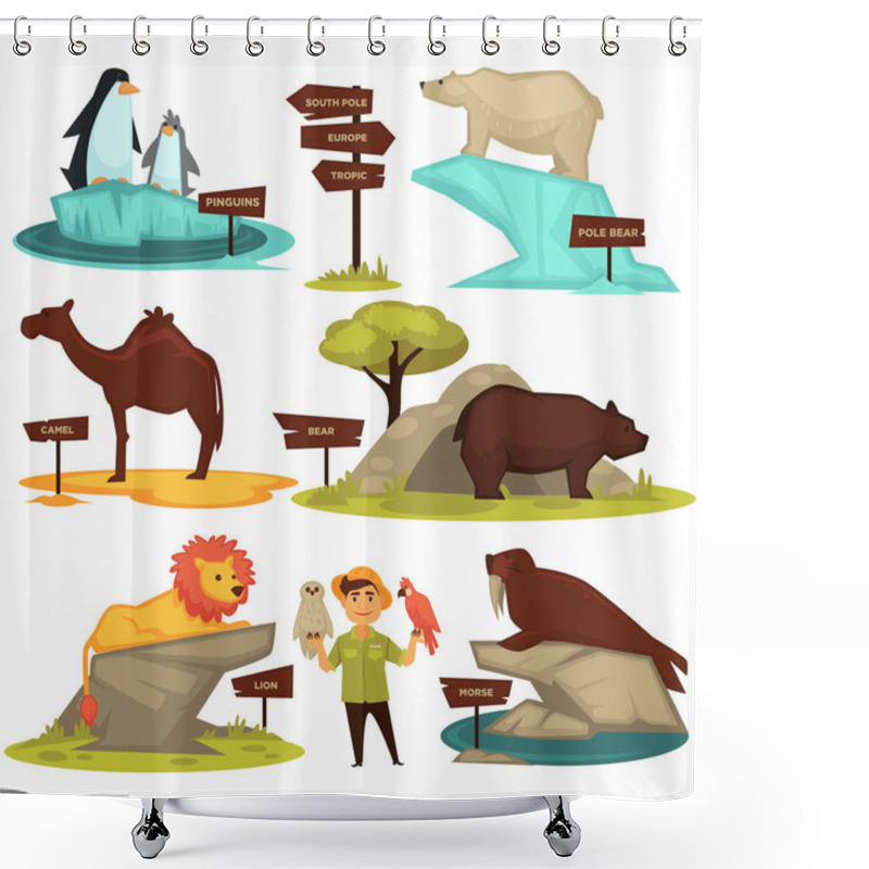 Personality  Zoo Animals Names And Direction Signs On White Background Shower Curtains