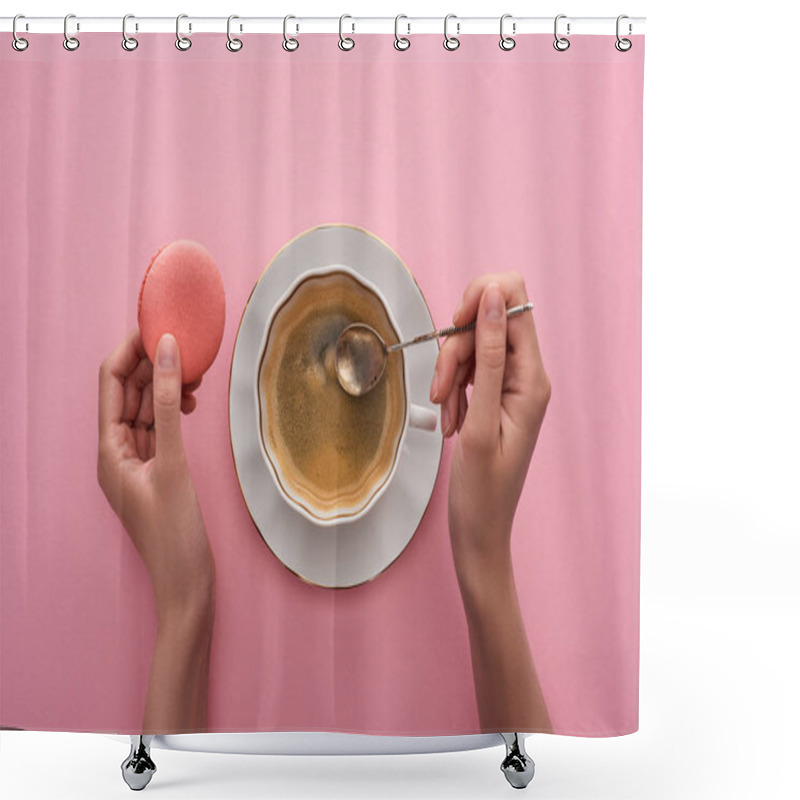 Personality  Partial View Of Woman Holding Spoon Near Coffee In Cup And Delicious French Macaroon On Pink Background Shower Curtains