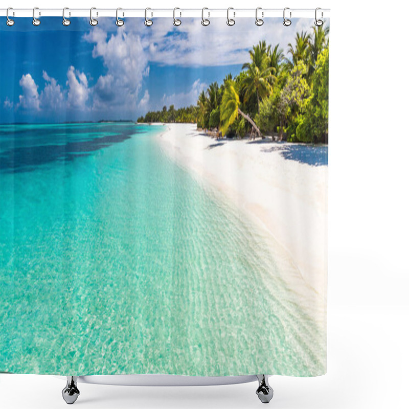 Personality  Beautiful Beach With Palm Trees And Moody Sky. Summer Vacation Travel Holiday Background Concept. Maldives Paradise Beach. Luxury Travel Summer Holiday Background Concept. Shower Curtains