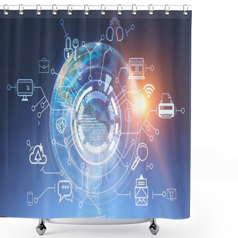 Personality  Business Communication Icons Around Hud Against Digital Earth Background. Hi Tech Concept. 3d Rendering Toned Image Double Exposure Elements Of This Image Furnished By NASA Shower Curtains