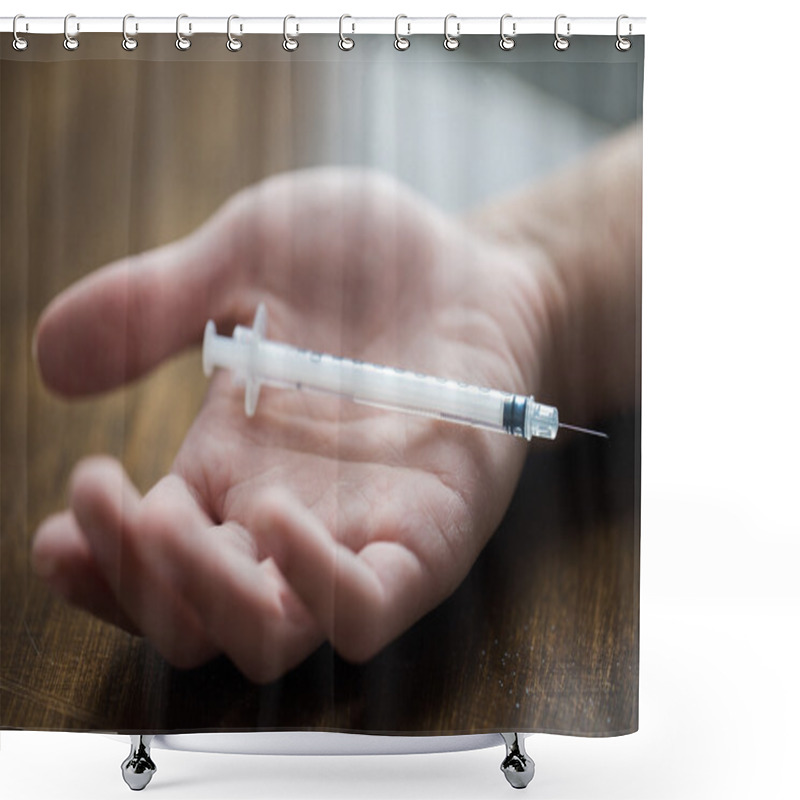 Personality  Close Up Of Addict Hand And Used Drug Syringe Shower Curtains