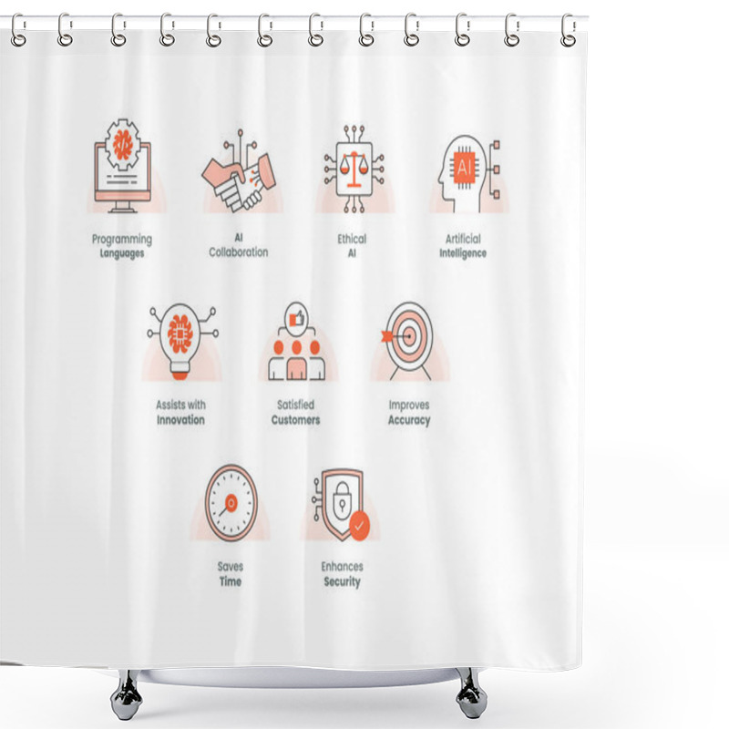 Personality  Essential AI Icons For Technology And Business. Features Include AI-powered Collaboration, Ethical AI, Programming Tools, And Benefits Such As Saving Time And Enhancing Security Shower Curtains