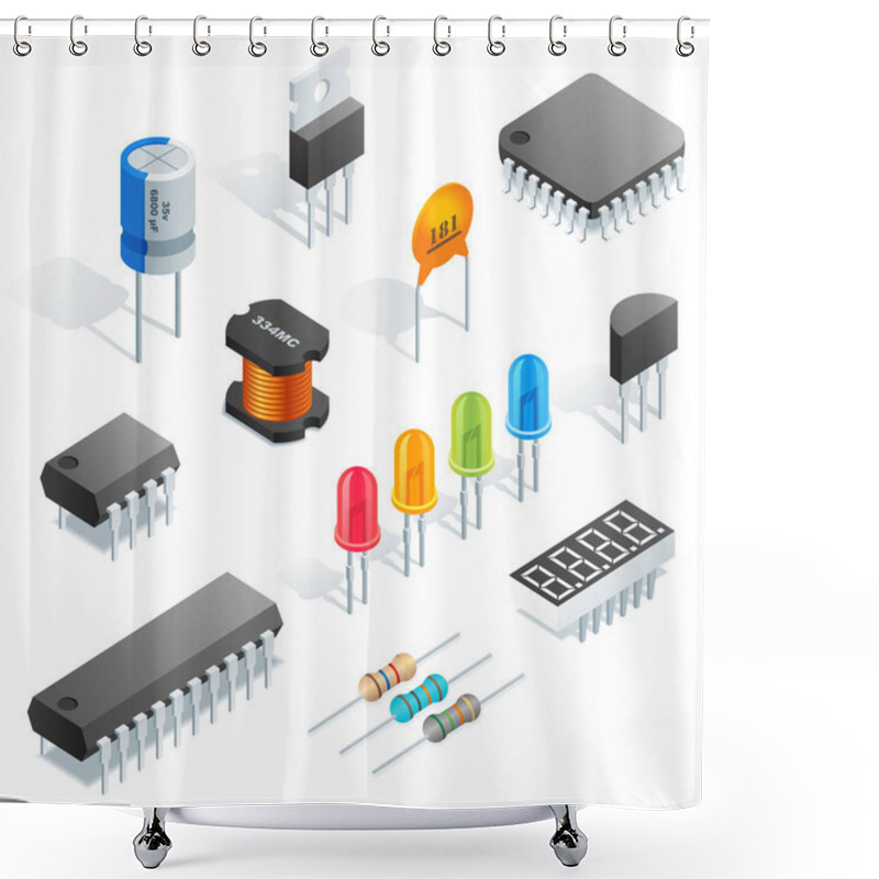 Personality  Isometric Vector Electronic Components Isolated On White Background. Shower Curtains