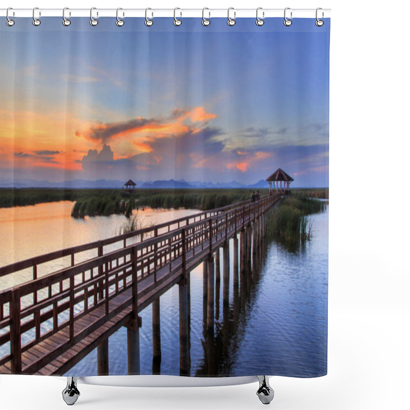 Personality  Wooden Bridge In Lotus Lake On Sunset Time At Khao Sam Roi Yot National Park, Thailand Shower Curtains