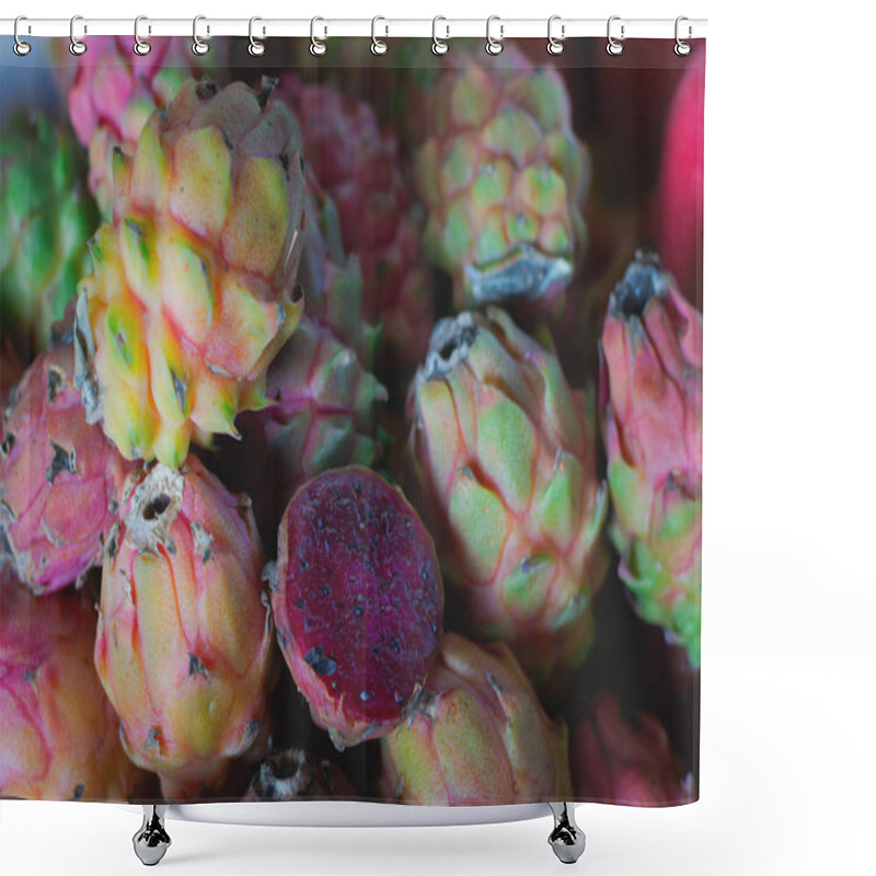 Personality  Dragon Fruit For Sale On Farmers Market. Agriculture Background. Close-up. Top View Shower Curtains