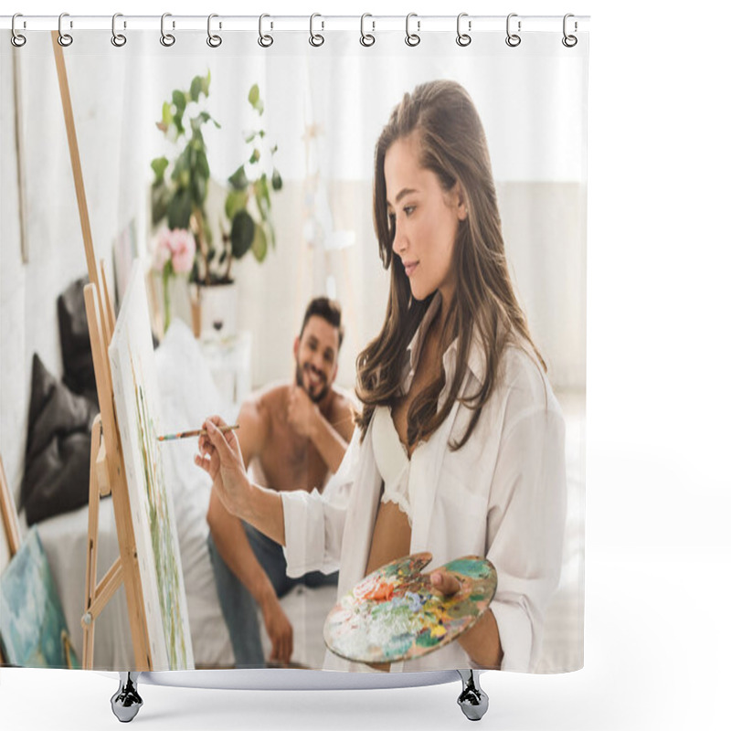 Personality  Selective Focus Of Sexy Girl In White Underwear And Shirt Drawing While Shirtless Man Smiling And Sitting In Bed  Shower Curtains