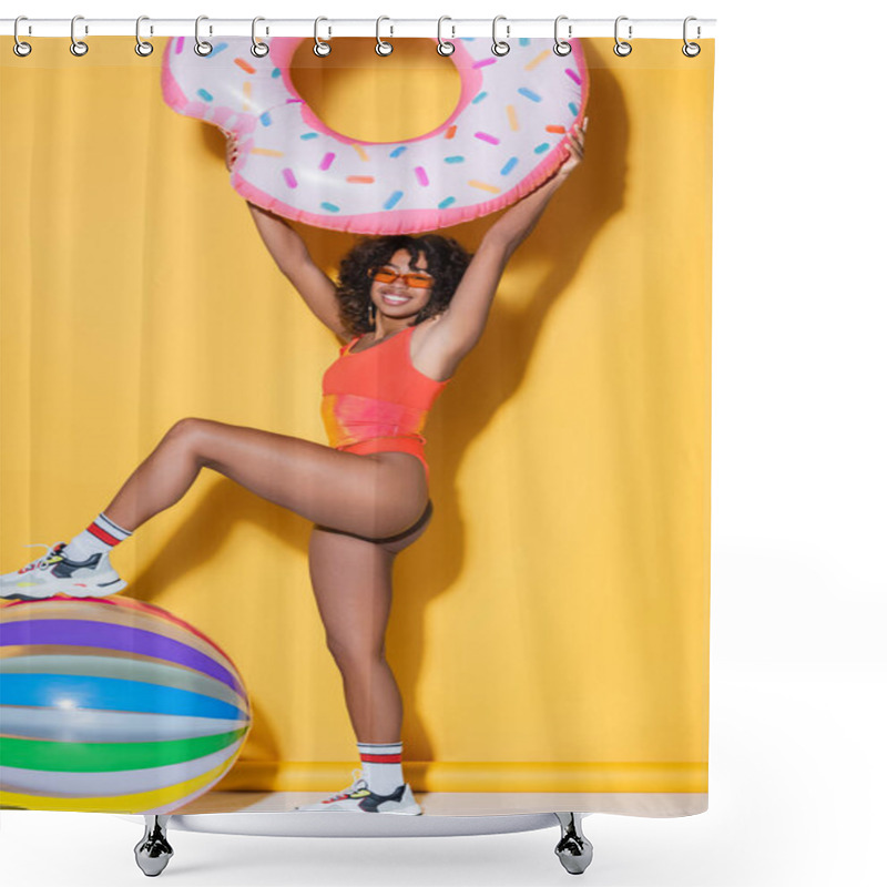 Personality  Happy African American Woman Stepping On Inflatable Ball And Holding Swim Ring In Raised Hands On Yellow Background Shower Curtains