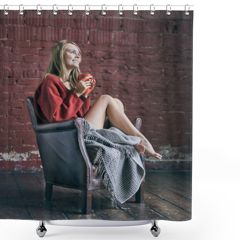 Personality  Young Smiling Woman Holding Red Cup Of Coffee Or Tea Drinking Warm Beverage Sitting In Cozy Chair At Loft Apartment. Happy Healthy Lady Relaxing With Morning Drink In Hands Enjoying Peace Of Mind. Shower Curtains