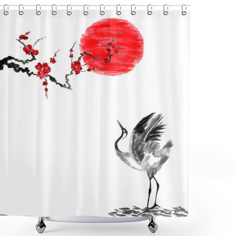 Personality  Japanese Crane Bird Drawing And Red Sun .  Stylized Flowers Of Plum Mei, Wild Apricots And Sakura . Watercolor And Ink Illustration In Style Sumi-e, U-sin, Go-hua Oriental Traditional Painting.  Shower Curtains