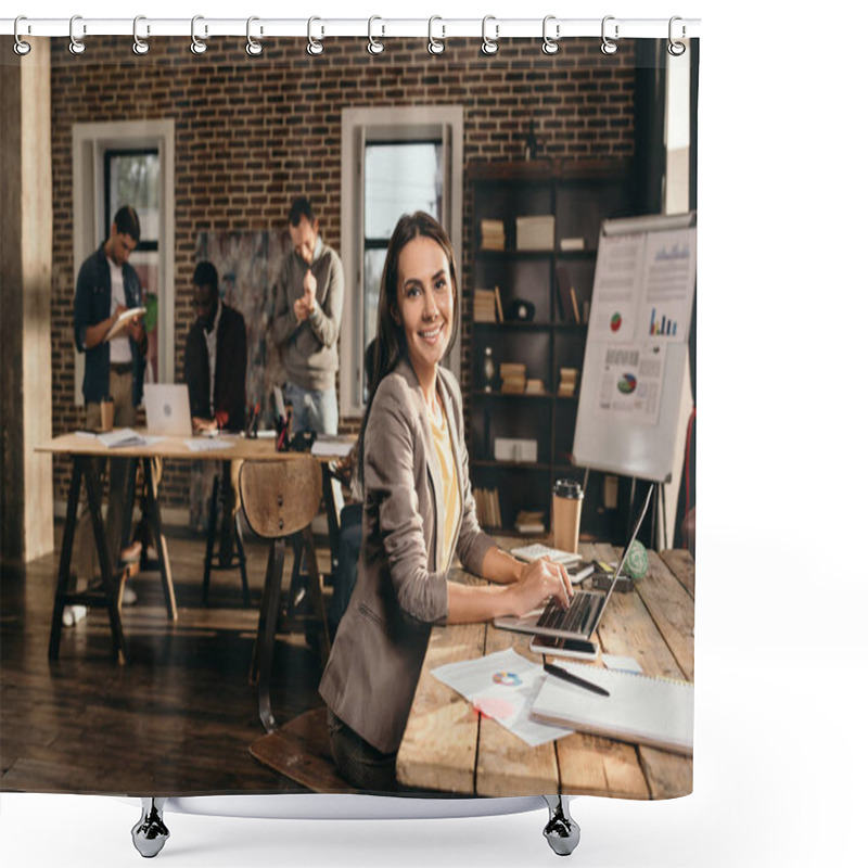 Personality  Smiling Business Woman Sitting At Desk With Laptop And Working On Project At Loft Office With Colleagues On Background Shower Curtains