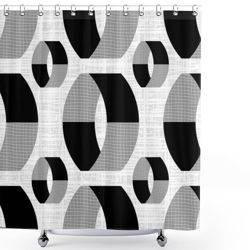 Personality  Monochrome Textured Vector 3D Cylinders. Seamless Pattern Background. Abstract Floating Ring Shapes Vertical Geometric Design On Etched Backdrop. All Over Print For Technical, Business Concept Shower Curtains