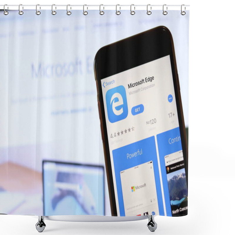 Personality  Phone With Microsoft Edge Icon On Screen Close Up With Blur Website On Laptop. Los Angeles, California, USA - 30 November 2019, Illustrative Editorial Shower Curtains