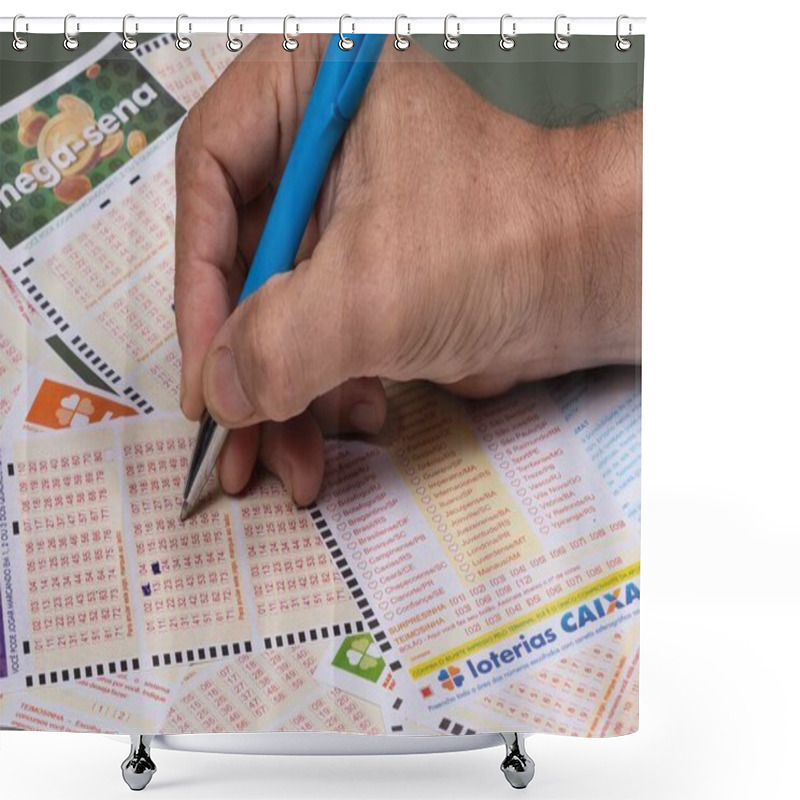 Personality  Rio, Brazil - July 20, 2022: Person Filling Out Caixa Economica Federal Lottery Card, The Only Official Betting Method In Brazil Shower Curtains