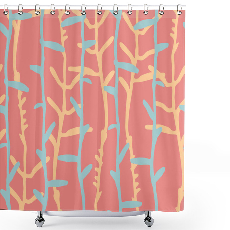 Personality  Seamless Pattern With White Pinstripes Of Hand Drawn Herbs On Coral Background Shower Curtains