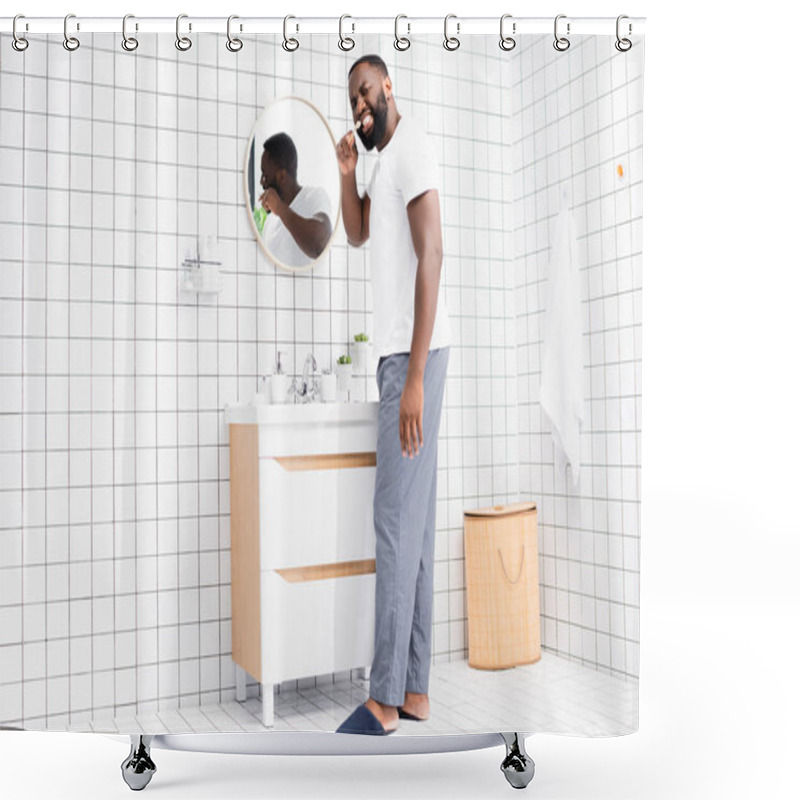 Personality  Full Length Of Afro-american Man Brushing Teeth And Looking Back Shower Curtains