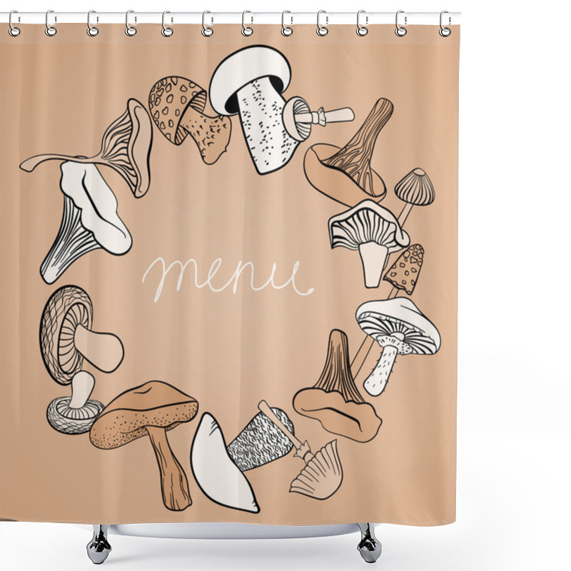 Personality  Frame Of Different Hand Drawn Mushrooms In Pastel Brown Tones. Can Be Used Us Restaurant Menu Design. Shower Curtains