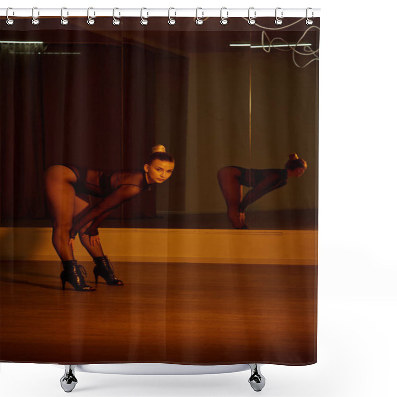 Personality  Female Figure In A Sleek Black Leotard, Showcasing Her Athleticism With Fluid Movements Shower Curtains