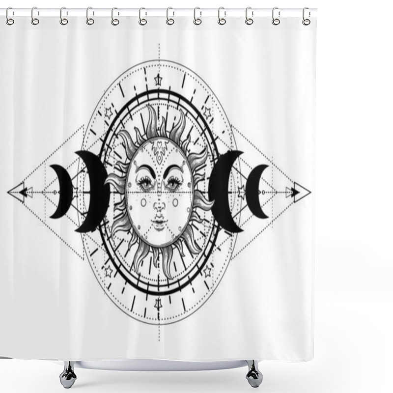 Personality  Sun And Triple Moon Pagan Wicca Moon Goddess Symbol. Three Faced Goddess, Maiden, Mother, Crone Isolated Vector Illustration. Tattoo, Astrology, Alchemy, Boho And Magic Symbol. Coloring Book.. Shower Curtains