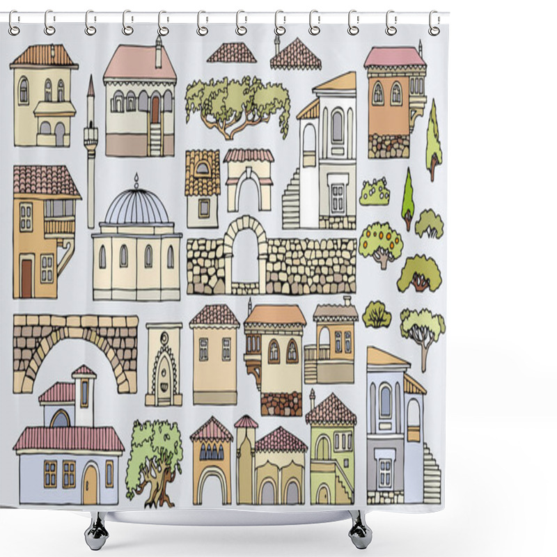 Personality  Cityscape Elements Vector Set.Hand Drawn Isolated Sketchy Houses Shower Curtains