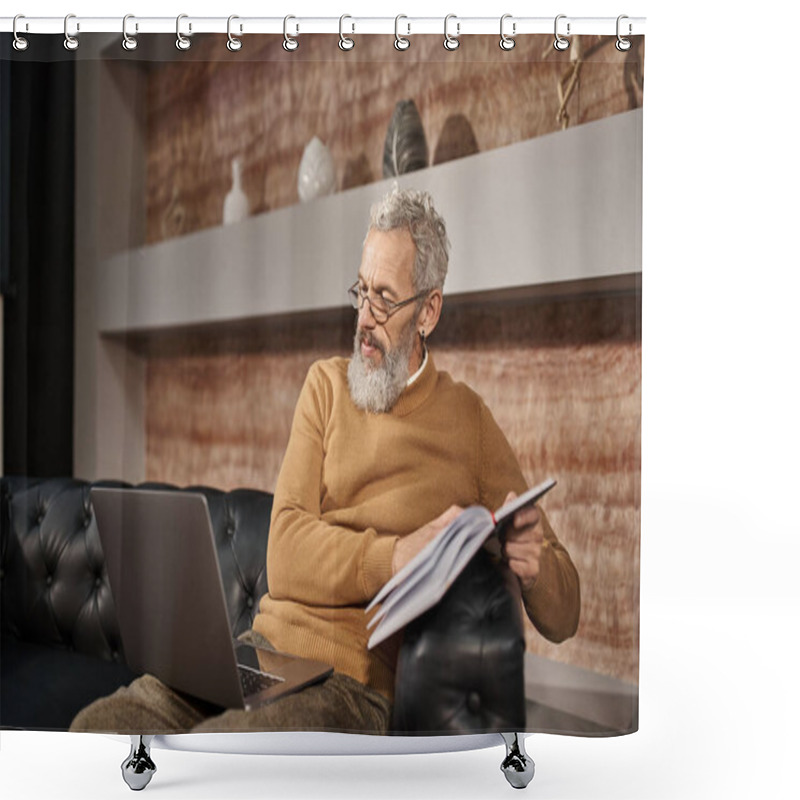 Personality  Middle Aged Psychologist With Beard Talking To Client During Online Consultation On Laptop Shower Curtains