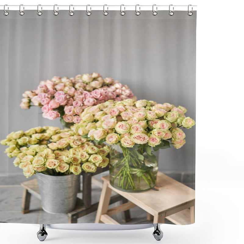 Personality  Big Luxury Bright Bouquet Peony Rose On Wooden Table. Garden Spray Roses Of Lilac, Pink And Green Color . Bouquet In Metal Vase Shower Curtains